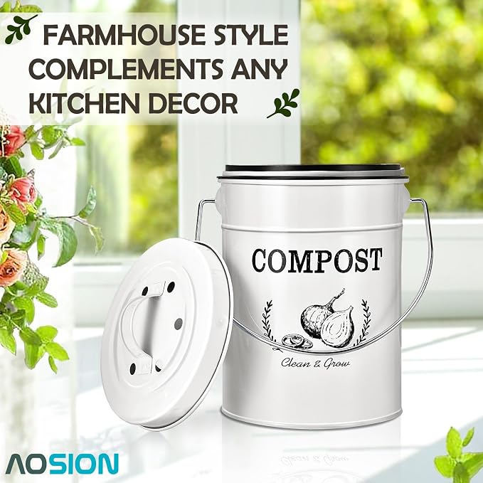 AOSION 1 Gallon Countertop Compost Bin for Kitchen with Lid,Odor Resistant | Farmhouse compost bin with charcoal filter,inner bucket and bags,easy kitchen food waste storage