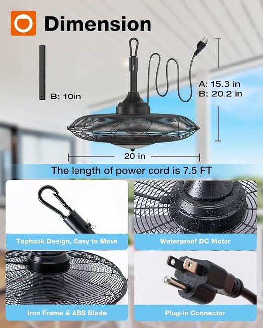 addlon Outdoor Ceiling Fan with Light for Patios, 20 inch Black Waterproof Gazebo Fan with Remote&APP Control, Reversible, Dimmable, Plug in Hook Mount Portable Fan for Garage Pergola Porch Canopy
