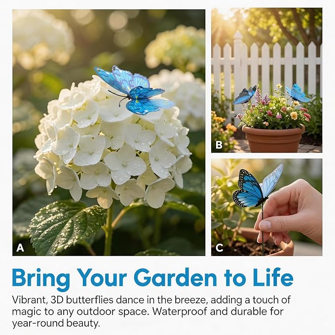 30PCS Blue Butterfly Decorations Artificial Garden Stakes for Garden Decor | 3D Double Layer Waterproof Flower Arrangements Outdoor Indoor Spring Garden Decor