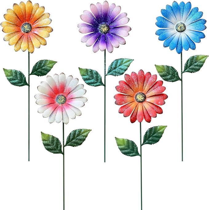 5Pack Metal Flowers for Outside,16.5 Inch Metal Flowers Decorative Garden Stakes for Spring Decor, Shaking Head Yard Art Garden Decorations for Outdoor Lawn Porch Pathway