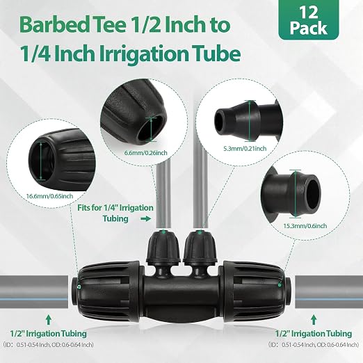 RedChili 12 Pcs 1/2" to 1/4" Drip Irrigation Fittings, Dripline 1/2 Inch (1/2" ID x0.6-0.65" OD) to 1/4 Inch Reducing Tee Adapter Drip Tubing Barbed Lock Nuts 1/2" to 1/4" Irrigation 4 Way Connectors
