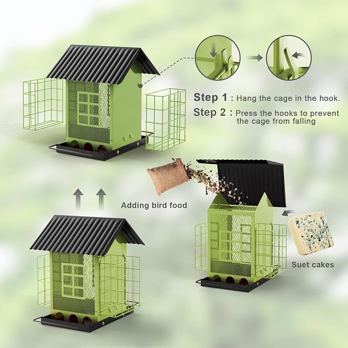 FlowaFoli Bird Feeders for Outdoors Hanging, Metal Bird Feeder with Double Suet Cage Cake, Large Capacity, Birdfeeders Sturdy & Weatherproof, Easy to Clean & Refill, Great for Attracting Wild Birds