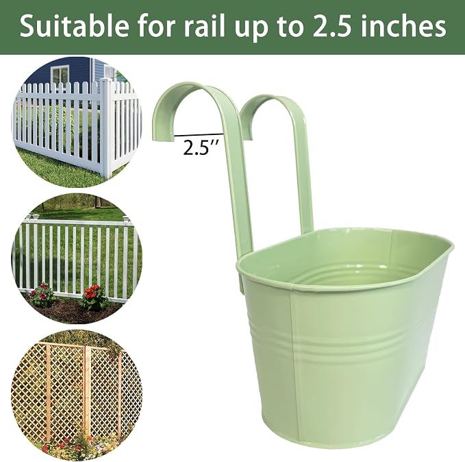 Balcony Hanging Planters Flower Pots, 10" Metal Flower Pots for Outdoor Balcony Rails, Fence Pot Hanging Plant Holders with Detachable Hooks for Garden Patio Yard Decor (Mint Green, 2Pcs)