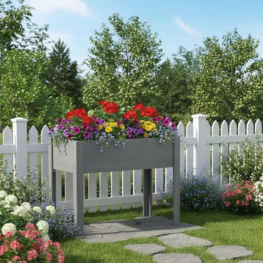 Raised Garden Bed with Legs Elevated Wooden Planter Box for Backyard Patio Balcony Deep Grow Box for Vegetables Flowers Fruits & Herbs (Grey, 40x20x31in)