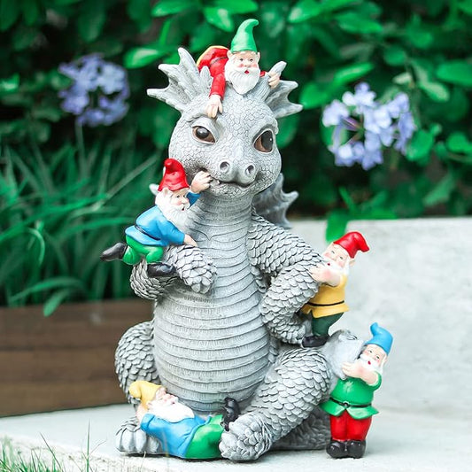 Dragon Gnome Statues Outdoor Decor, 13” Dinosaur Play with Gnomes Garden Statue, Outdoor Statue for Outside,Lawn Yard Decor, Gardening Gift