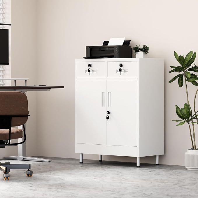 JINGUR Metal Storage Cabinet with Locking Doors and 2 Drawers, Lockable Storage Cabinet with Adjustable Shelf for Home Office Garage Entryway Pantry (White)