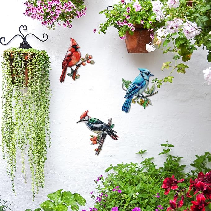 3 Pack Metal Birds Wall Art Garden Decor, Cardinal Outdoor Wall Art Yard Patio Fence Decoration, 3D Colorful Birds Wall Hanging Sculpture Gift for Garden Outside Livingroom