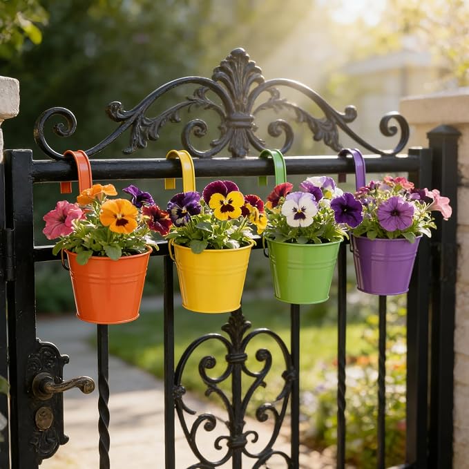 12 Pack Balcony Planters Railing Hanging, Colorful Railing Planter 5.2 Inches Plant Pots with Drainage Holes Hanging Plant Holder Indoor Hanging Planters