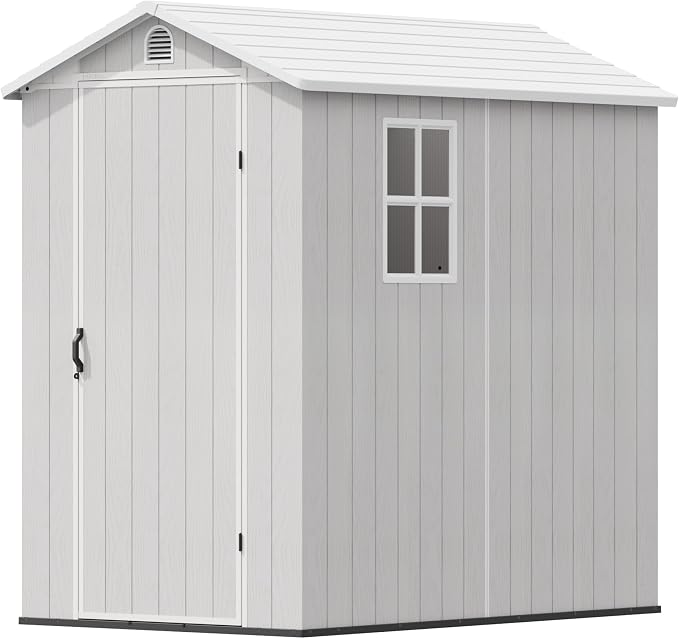 Devoko 4×6 FT Resin Storage Sheds with Floor, Plastic Outdoor Tool Shed with Windows, Waterproof Outside Sheds and Lockable Doors for Backyard Lawn Garden, Light Gray