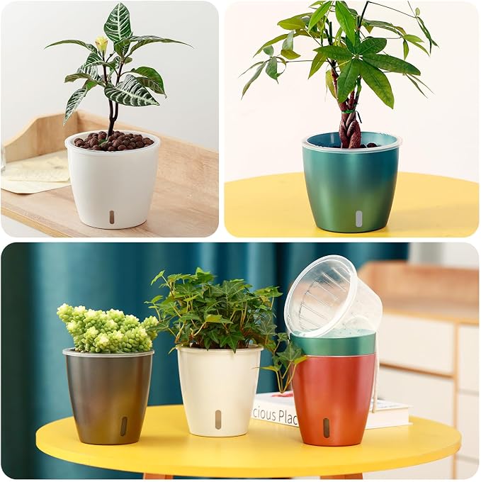 Self-Watering Pots for Indoor Plants, 4-Pack 6.7'' Self Watering Planter with Drainage Holes, Small African Violet Pots with Water Indicator, Orchid Pot, White/Grey/Blue/Rose Gold