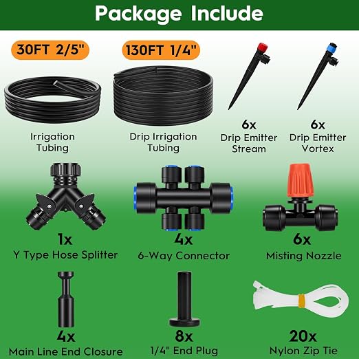 160FT Quick-Connect Drip Irrigation System Kit, Irrigation Kit with Adjustable Nozzles, 30FT 2/5" & 130FT 1/4" Tubing, Automatic Watering System for Garden, Raised Beds, Greenhouse