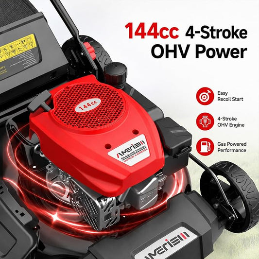 AMERISUN Gas Lawn Mower 21 in, 144cc 4-Stroke Walk-Behind Push Mower, 3-in-1 Mulch Bag Side Discharge System, 6 Adjustable Cutting Heights, Heavy Steel Deck for Yard & Garden Care