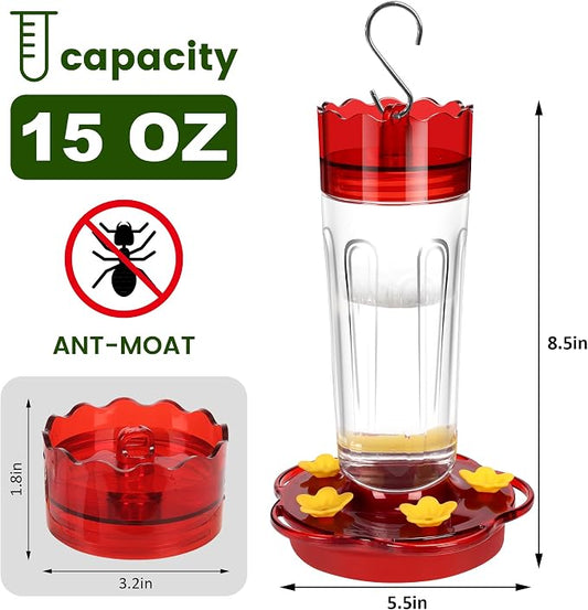 2 Pack Glass Hummingbird Feeders for Outdoors Hanging Ant and Bee Proof,15 Ounces Red Hummingbird Feeder with 5 Feeding Ports and Perches, Built-in Ant Moat, Outside Garden Décor (Glass, 2)