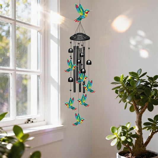 Hummingbird Wind Chime for Outside, Black Metal 38'' Wind Chimes with 4 Aluminum Tubes & 6 Wind Bell for Garden/Yard/Patio Outdoor Decor, Memorial/Housewarming/Birthday/Festival/Woman Gifts