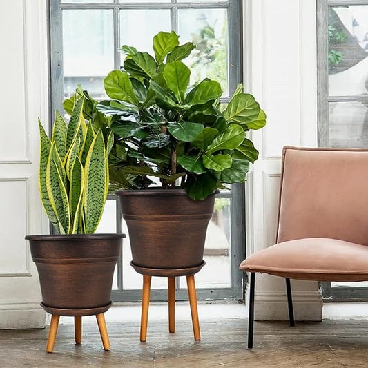 Plant Planters Pots Set of 4 Pack 13 Inch,Large Plastic Flower Pot For Indoor Plants With Drainage Holes & Trays, Resin Decorative Container Sets With Saucer For House Outdoor Garden Plant Copper