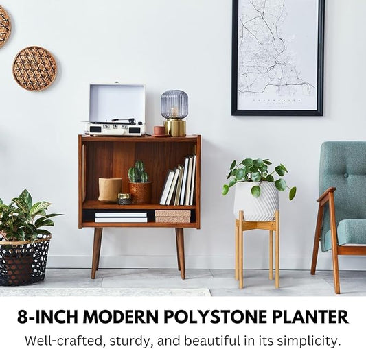 Fox & Fern Large Indoor Planter, Modern Large Plant Pot for Indoor or Outdoor, UV and Frost Resistant - 8 Inch, Matte White Flower Pot with Drainage Plug, 3D Printed Design