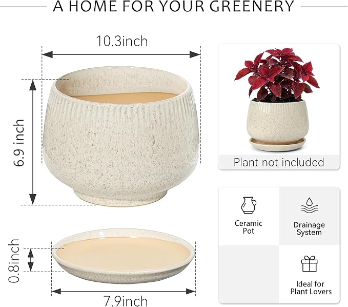 10.3 Inch Ceramic Planter with Saucer,Modern Garden Pots with Drainage Hole Mesh Net, for Indoor Outdoor Use (Silk White)