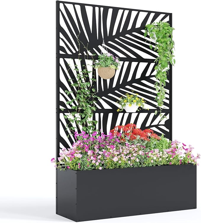 GarveeLife Metal Planter Box with Trellis, 71"x47"x16" Raised Garden Bed for Climbing Plants, Vegetables, Vines, Privacy Planters for Patio with Drainage Holes, 15.7" Deep Planting Bed