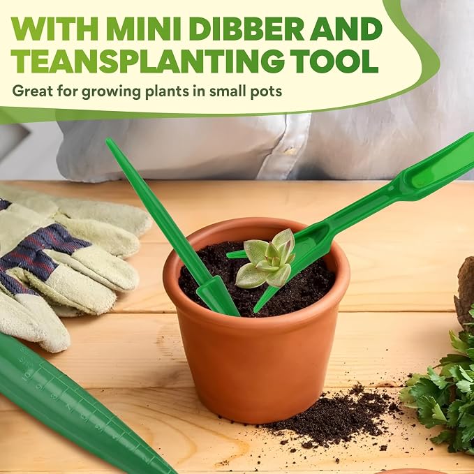 4 PCS Seed Planter Tool Set with Seed Dibber, Dispenser, Dark Green | 6.9" T‑Handle Garden Dibber with Scale, 0–5 Adjustable Seed Sower, Seeding Transplanter for Trays, Raised Bed, Balcony
