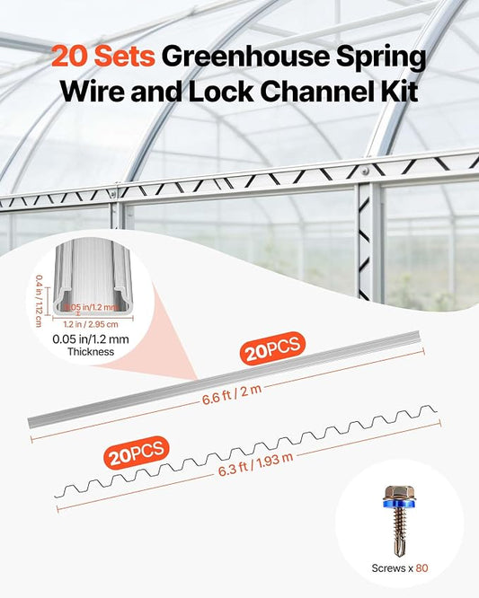 VEVOR Greenhouse Spring Wire and Lock Channel, 20 Packs 6.56 ft PVC-Coated Wiggle Wire & Aluminum Alloy Channel Bundle Kit with Included Screws, 0.05 in Thickened, Poly Film & Shade Cloth Attachments