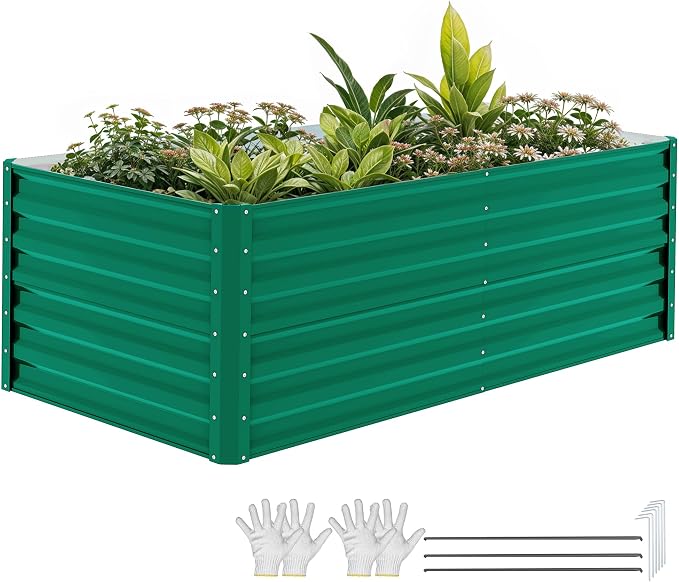 DWVO Raised Beds for Garden,870L Raised Bed Metal,0.35mm Galvanised Steel galvanised Planter with Safety Edging&4pcs Support Rod for Garden Vegetables Fruit(Green 180X90X54CM)