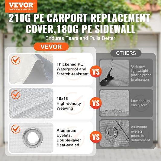 VEVOR Carport Replacement Canopy Top Cover + Sidewall 10 x 20 ft, Garage Tent Shelter Tarp Heavy-Duty Waterproof & UV Protected, Easy Installation with Ball Bungees,White (Frame Not Included)