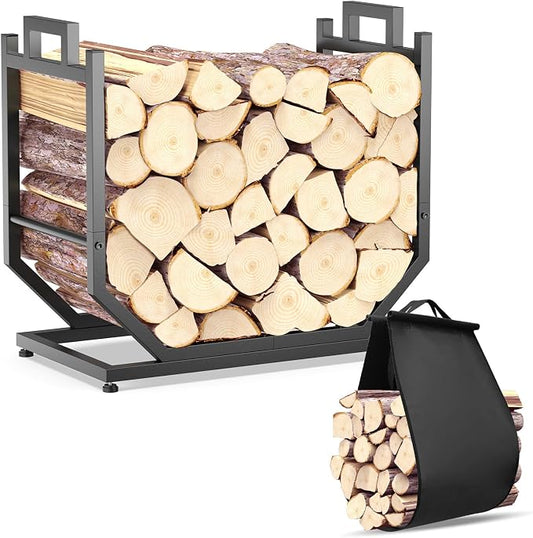 Firewood Rack, Indoor/Outdoor Firewood Holder with Firewood Carrier Bag, 25 Inch Thickened Metal Fireplace Log Holder with Adjustable Feet, Black