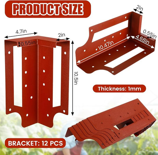 MorningRo 12 Pack Raised Garden Bed Corner Brackets with Securing Lip Fits Lumber up to 2" x 12" Metal Garden Corner Bracket for Wood Frame Bed 4.7" L x 2" W x 10.5" H (Sand Red)