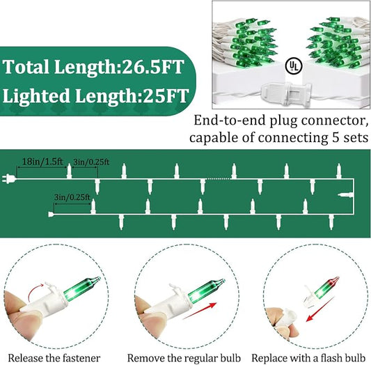 Green Christmas Lights Outdoor, 25FT 100 Count Incandescent Mini Christmas Lights White Wire, Waterproof Fairy Lights, Connectable Xmas String Lights for Christmas Tree, Garland, Wedding Decor