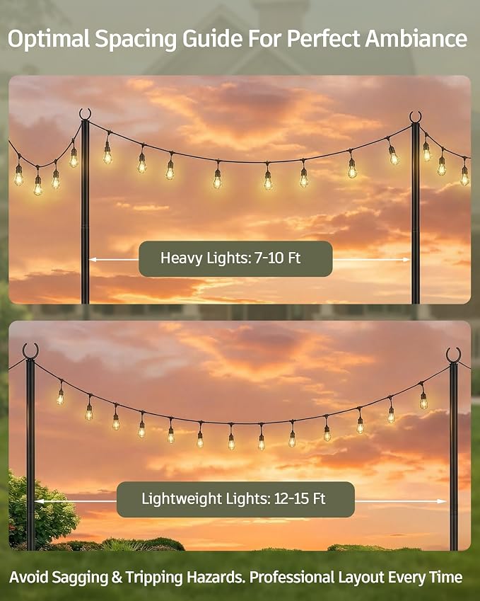 LAND·VOI Outdoor String Light Poles 2 Pack, Heavy Duty String Light Poles for Outside with 5-Prong Base & Adjustable Height, Perfect for Backyard, Patio, Garden, Fence and Party Decor