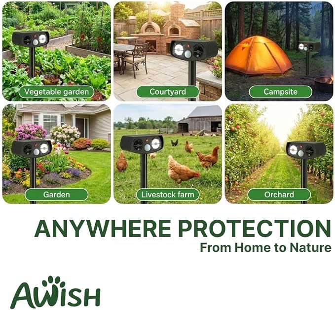 AWISH Solar Ultrasonic Animal Repeller Outdoor, Motion Sensor, 2 Pack | 40 ft Detection Range, LED Strobe, IP65 Waterproof, Deer, Rabbit, Squirrel, Raccoon, Yards, Gardens, Farms