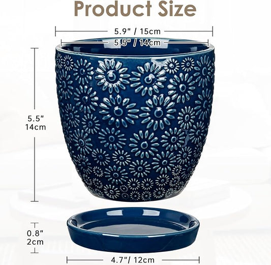 Hollyone 6 Inch Blue Ceramic Planter Flower Plant Pot with Drainage Hole and Saucer for Plants Embossed Indoor Outdoor Garden Embossed Ceramic Glazed Round Pot for Succulent Orchid Sunshine Pattern