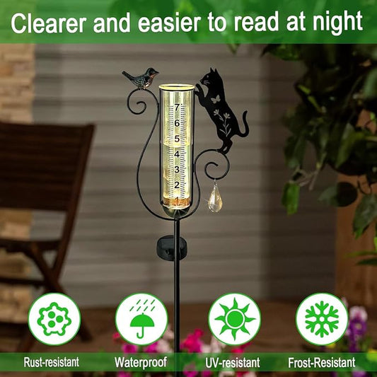 Solar Black Cat & Bird Metal Stake with Glass Rain Gauge, Outdoor Yard Lawn Pathway Garden Decor