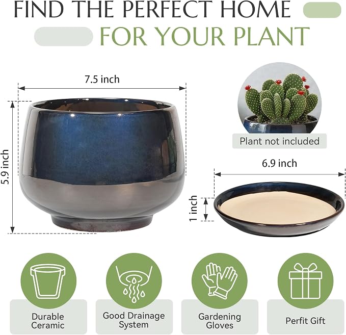 7.5 Inch Flower pots for Indoor Outdoor Plants with Saucer Drainage Leak-Proof Mesh, Ceramic Planter with Gardening Gloves for Succulent and Flower (Metallic Black)