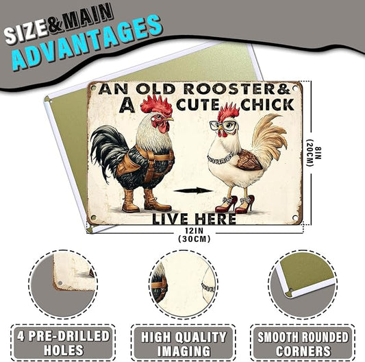 PEACHGARDEN Funny Chicken Metal Sign An Old Rooster A Cute Chick Live Here Vintage Tin Sign for Home Farm Chicken Coop Farmhouse Kicthen Garden Decor 8X12inch