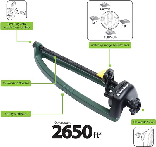 Melnor 65150AMZ Oscillating Sprinkler, 15 Precision Nozzles, Adjustable Spray Range, Waters Up to 2,650 Sq. Ft., with QuickConnect Bundle, Green, Yellow