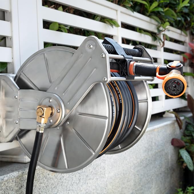 Giraffe Tools Stainless Steel Garden Hose Reel Heavy Duty, Wall/Floor Mounted Stainless Water Hose Reel Retractable with Crank, 150-Feet 5/8" Hose Capacity&100FT hose