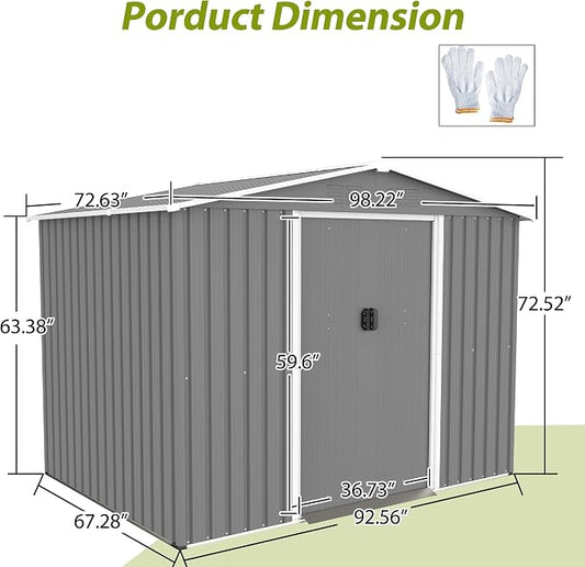 YOPTO 8X6 FT Outdoor Storage Shed with Roof,Waterproof House Tool Cabinet W/Metal Foundation & Lockable Doors,for Shovels,Umbrellas,Antennas,Escalators,Gray