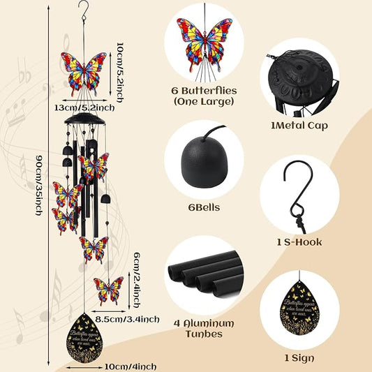 Hicarer Butterfly Wind Chimes for Outside, 35" Durable Black Metal Memorial Wind Chime Outdoor Decor, Windchimes for Garden Yard Patio, Memorial Birthday Gifts for Mom Grandma Women Men(Butterfly)