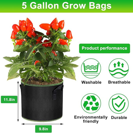 MEKOLIFE 5 Gallon Grow Bags 12 Pack - Thickened Nonwoven Aeration Planter Bags with Handles, Plant Tags & Seedling Bags, Heavy Duty Black Fabric Pots for Vegetable Gardening Garden Outdoor