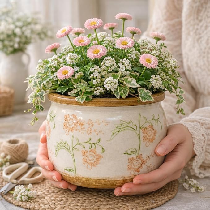 Vintage Ceramic Flower Pot - Indoor Outdoor Planters with Drainage Holes & Filter Screen, 9’’ Large Rustic Farmhouse Decorative Plant Pots for Garden/Patio/Balcony (Daisy Bouquets, Large)