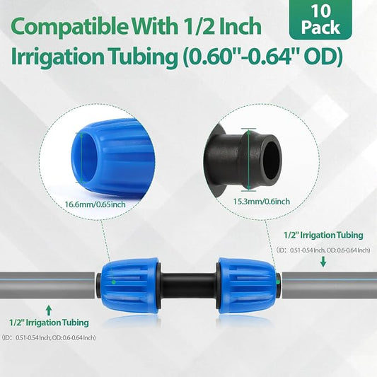 RedChili 10 Pcs 1/2 Inch Irrigation Tubing Coupling Fittings, (1/2" ID x0.6-0.65" OD) 16mm Drip Tubing Barbed Locked Nuts Connectors Anti-Drop 1/2" Coupler Parts for Garden Lawn Irrigation System