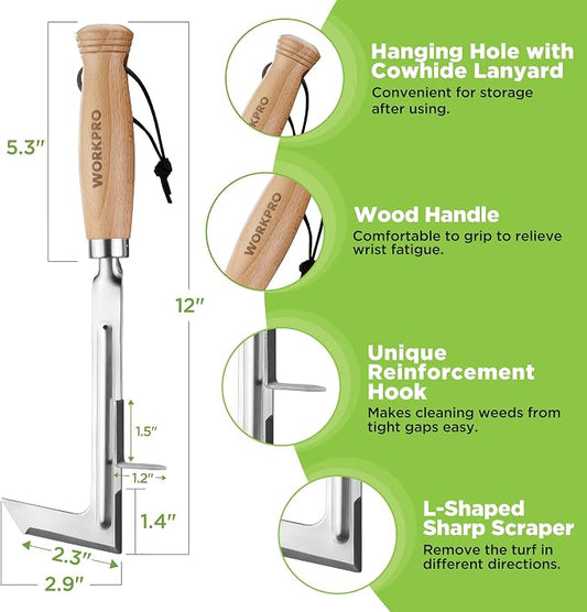 WORKPRO Crack Weeder, 12" Stainless Steel Crevice Weeding Tool Weeder Tool | Beech Wood Handle, L-Shaped Side-Walk Weed Puller Spatula, for Garden Lawn Yard Patio Terrace Paving Moss