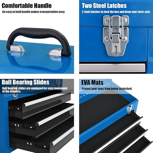 Goplus Tool Box with 3 Drawers, 4-Tier 20.5" Portable Tool Chest Organizer with Top Tool Tray, Auto Lock, Protective Liner, Handle, Steel Metal Small Toolbox for Gargae, Workshop, Home