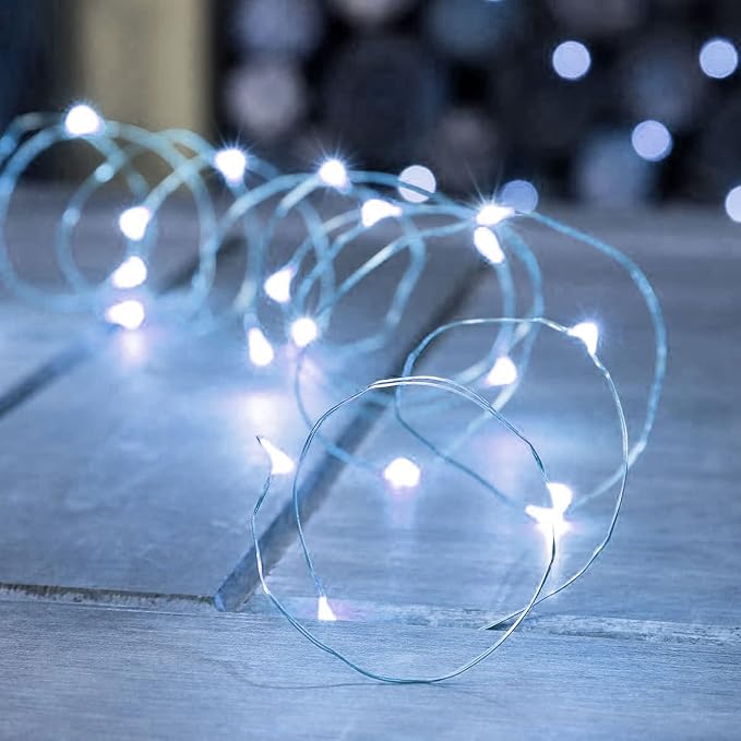 Dazzle Bright Fairy Lights Battery Operated, 2 Pack Total 40FT 120LED Silver Wire Waterproof Battery Operated String Lights, Christmas Decorations for Indoor Outdoor Bedroom Yard Decor, White