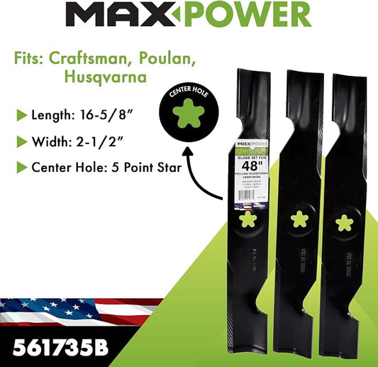 MaxPower 561735B USA MADE 3 Blade Set | For Many 48 in. Cut Craftsman, Husqvarna, Poulan Mowers Replaces OEM #'s 173920, 180054, 532180554, 575938201, PP24005