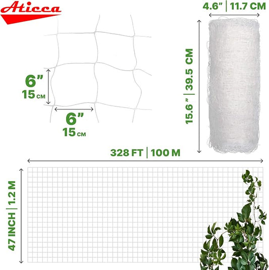 ATICCA Plastic Trellis Netting 47" x 328 ft Heavy Duty Plant Support Netting White - 6 Inch Garden Trellis on Roll - Mesh for Growing Vine Climbing Plants, Flowers, Peas, and Cucumber