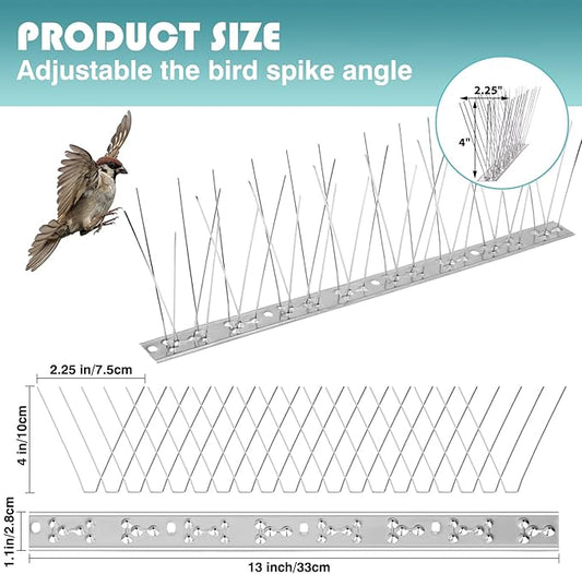 Bird Spikes with Stainless Steel Base Bird Deterrent Spikes | Outdoor Use, for Small Bird Pigeons Crows and Woodpeckers Fence Roof and Wall