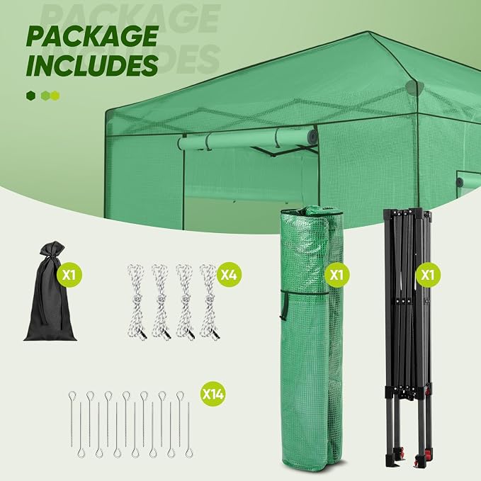 EAGLE PEAK 8x8 Portable Walk in Greenhouse, Pop Up Indoor Outdoor Greenhouse, Green House Kit with Zippered Roll-Up Doors and Windows, PE Cover, Clear/Green