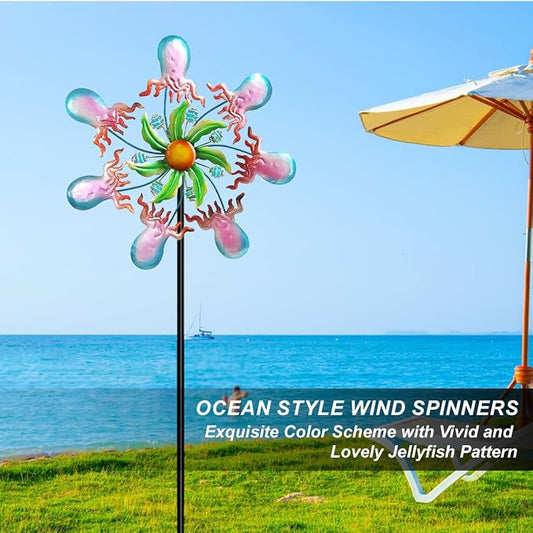 Jellyfish Wind Spinners - 39" Ocean-Themed Metal Wind Sculptures Garden Stake Art, 13.5” Windmill Yard Kinetic, Outdoor Decor for Patio & Lawn - Metal Beach Sculpture with Jellyfish Design